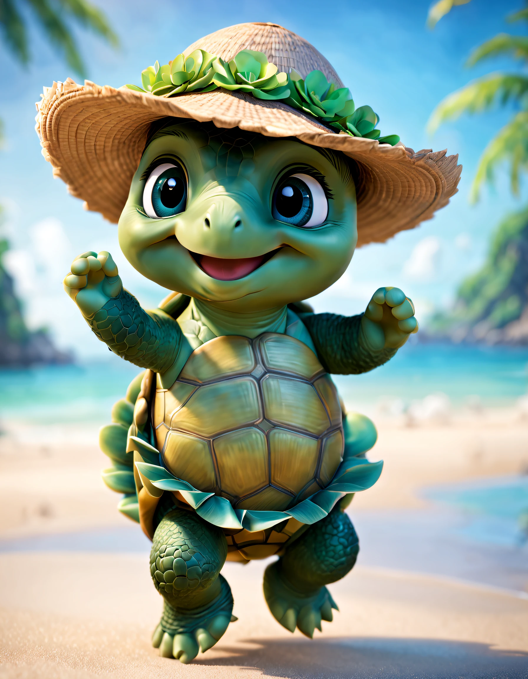 pixar-style, Super cute anthropomorphic turtle smiling , Dancing in a hula skirt , optics , bigger, Gentle background , big bright eyes, ,Wearing a straw hat, Happy smile, Delicate and delicate, Fairytale, hyper-high detail, pixar-style, vivd colour, Natural soft light, 3 Rendering, gorgeous one, ultra-wide-angle, 8K, HD realistic,