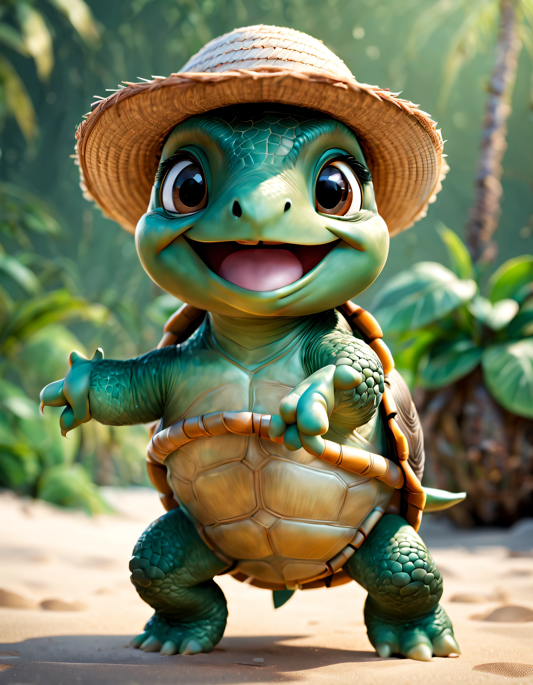 pixar-style, Super cute anthropomorphic turtle smiling baby, Dancing in a hula skirt , optics , bigger, Gentle background , big bright eyes, ,Wearing a straw hat, Happy smile, Delicate and delicate, Fairytale, hyper-high detail, pixar-style, vivd colour, Natural soft light, 3 Rendering, gorgeous one, ultra-wide-angle, 8K, HD realistic,