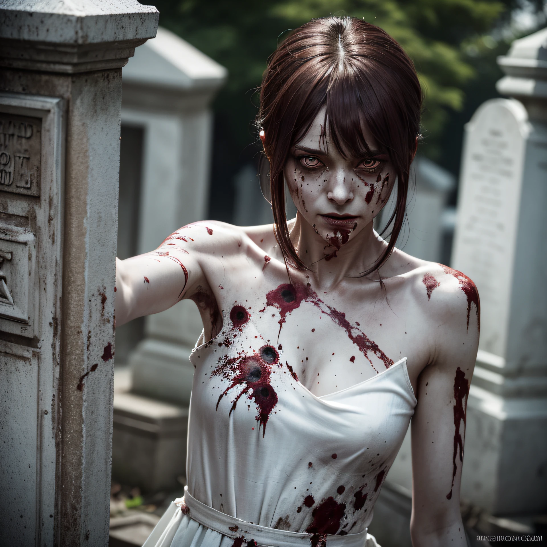 corpse, sinister, female, thin, pale, looking at the camera, ultra realistic, fully detailed, cemetery environment, bright eyes, white dress torn and stained with blood, bones exposed, putrid wounds, sensual, terrifying, bruised by the body, exposed fracture in the collarbone, slight smile, super detailed