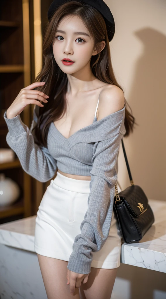 (High resolution 8K Raw lifelike,Best quality)，Fashionab, Fashionab, beautiful and charming woman，gentle and charming Chinese beautiful woman，Korea,K-pop idol，delicate and sexy collarbones，Charming goose egg face，二重まぶた，skilled[peaches]flower eyes，red pink lips，small-nose，exposed bare shoulders，The focus is on the face，closeup of face，hyper-detailing，Blue off-the-shoulder long-sleeved top，White hip wrap skirt，light red hair，(Lop，Half a body，Close-up cleavage,Alone)，Lace，lace-up，Hats， fresh and impressive， natural color，(pedestrian street，CBD,rays of sunshine，External，Stone table，LV women&#39;s clothing&#39;garments&#39;shoulder bags，cellular phone)，forward light，hugs，Breasts stick together