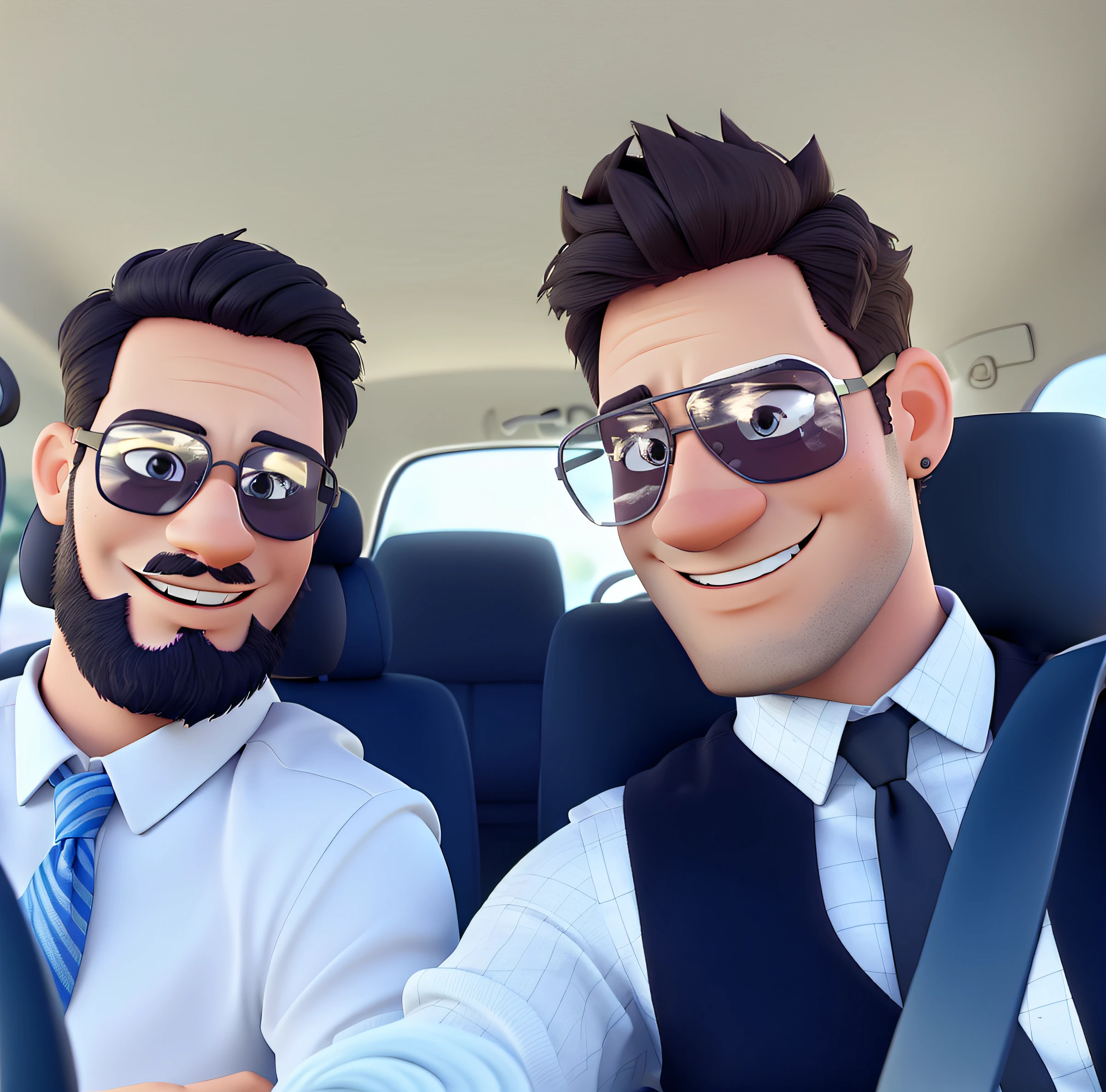 Two mens with sun glasses inside the car, Cartoon with Disney Pixar Style, Good quality, Better quality