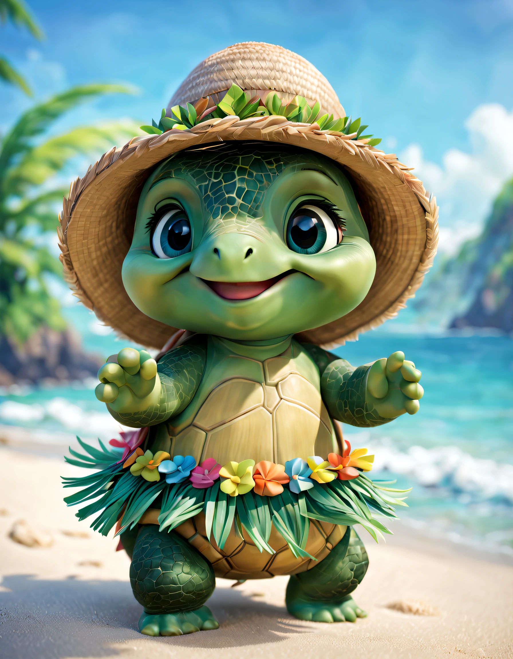 pixar-style, Super cute anthropomorphic turtle smiling , （Wearing a grass skirt）dance hula , optic , the sea， Gentle background , big bright eyes, ，Wearing a straw hat, Happy smile, Delicate and delicate, Fairytale, hyper-high detail, pixar-style, vibrant with colors, Natural soft light, 3 Rendering, gorgeous one, ultra-wide-angle, 8K, HD realistic,