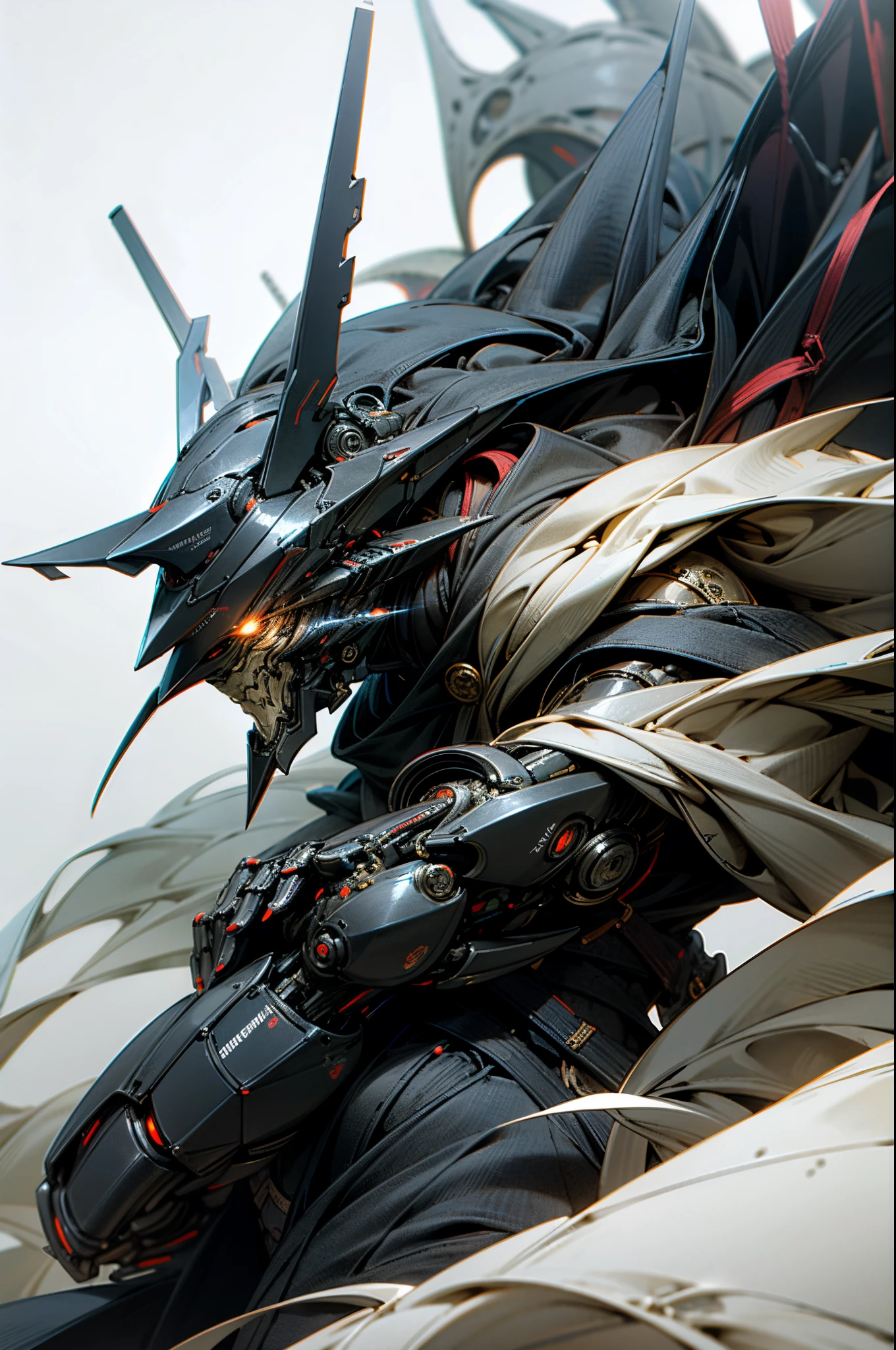 Dark_Fantasy,Cyberpunk,1manMechanical marvel,Robotic presence,Cybernetic guardian, samurai mechanical armour, katana on the waist, absolutely stunning art,wearing a black cloak, highest quality art, highest resolution, hyper detailed,black and red, futuristic, samurai robot, atmospheric,8k,64k, HD, unparalleled masterpiece, dynamic lighting, cinematic, epic