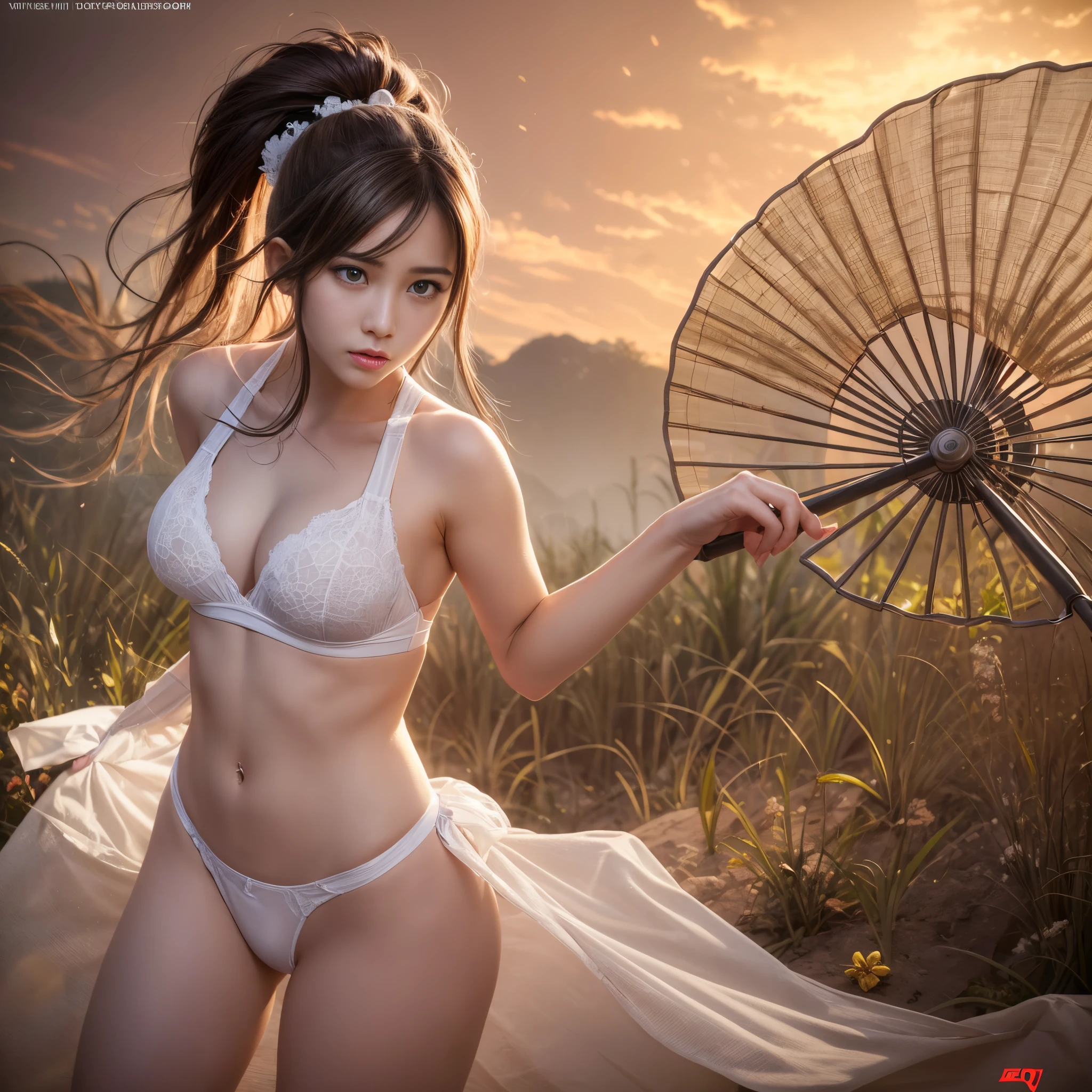 (Raw photo:1.2), (Photorealistic), Beautiful detailed girl, Very detailed eyes and face, Beautiful detailed eyes, Huge file size, High resolution, Very detailed, Best Quality, [masutepiece:1.6], Illustration, Very detailed, Fine detail, Best Quality, 8K Wallpaper, Movie Lighting,A -yeld press from the Chinese Romance of the Three Kingdoms game, Fight on the battlefield in your underwear, White bra, white  panties, slim body, Fight with a large fan as a weapon, serious facial expression, hightquality, intense combat,female game character , Gorgeous princess, Innocent face