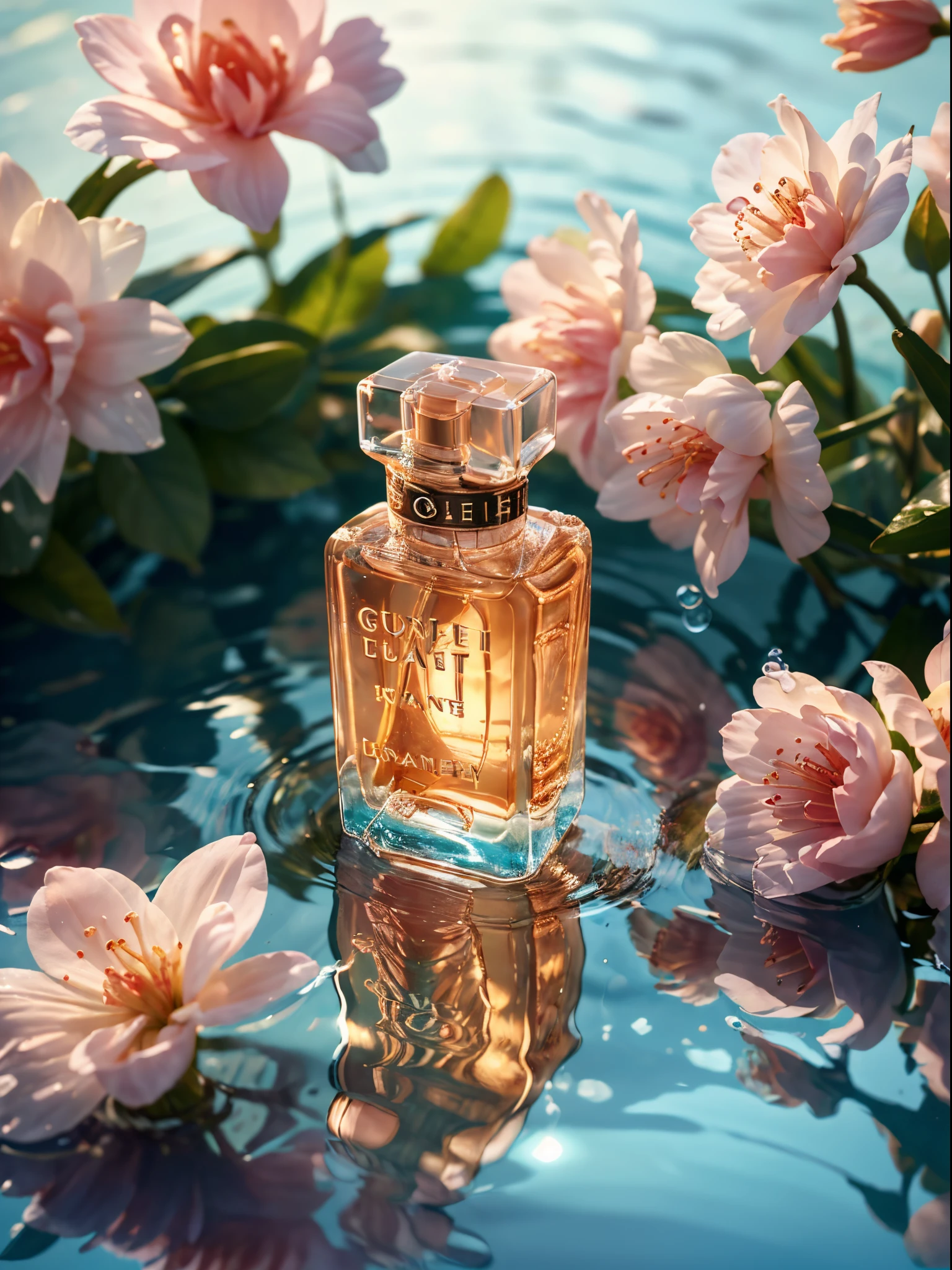 (super realistic scene), makeup bottle, cherry blossom background, water, ((taken low perspective angle: 1.5)), product rendering, HD 8K, ultra-detailed, luxury commercial photography, gucci and chanel cosmetic, ((no people, product only: 1.3))