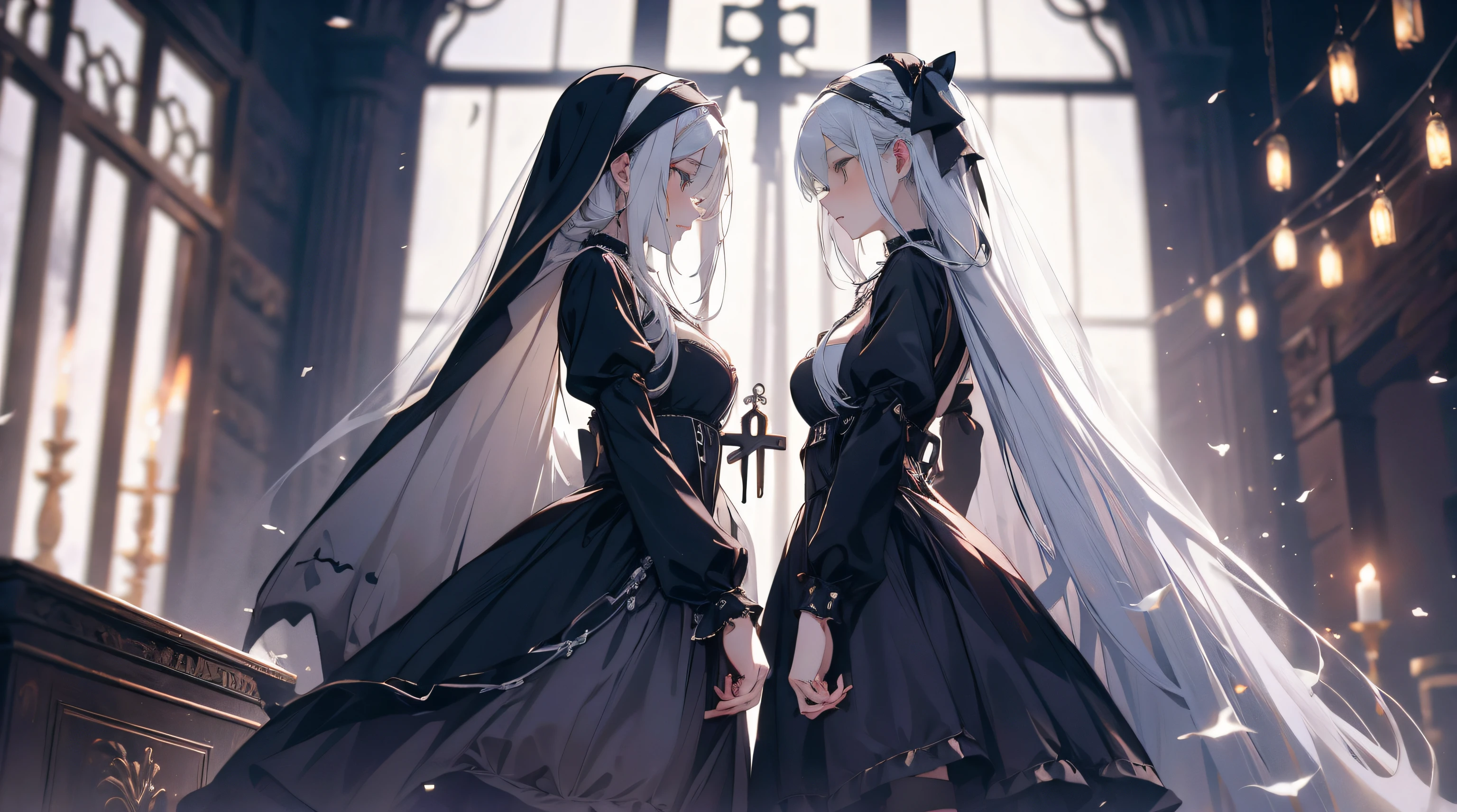 best quality, masterpiece, 2 girl, nun, white hair, long hair, medium breasts, cleavage dress, gothic ta, black silk stocking, high heels, hair ribbon, cross necklace, collar, chains, handcuffs, indoor, castle, skirt lift, symmetrical docking