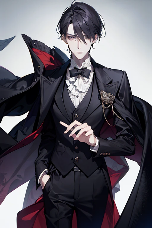 A young slender, tall man with a monocle, dressed in an old and fancy vest and coat. He is giving a gloomy and sick look.
