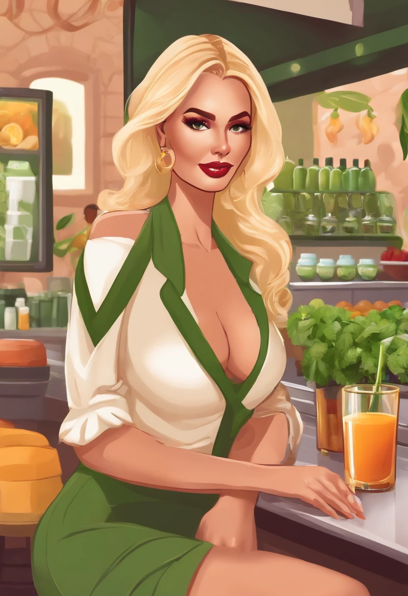 An image of Stacy's mom at a trendy juice bar, sipping on a green smoothie and chatting with the cute barista.,original,Blonde, tall, thin, boob job, a lot of makeup. Skimpy outfits.