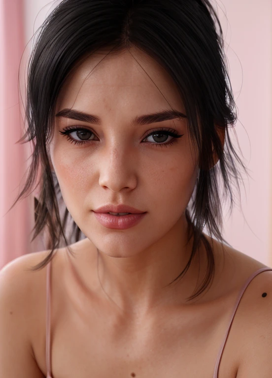 closeup portraits of woman, soft and dreamy portraits, beautiful, realism, mc-caroline, ponytail hair, black hair, glamour boutique, looking at viewer,