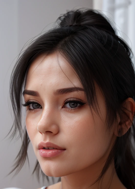 closeup portraits of woman, soft and dreamy portraits, beautiful, realism, mc-caroline, ponytail hair, black hair, glamour boutique, looking at viewer,