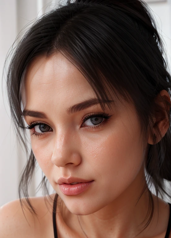 closeup portraits of woman, soft and dreamy portraits, beautiful, realism, mc-caroline, ponytail hair, black hair, glamour boutique, looking at viewer,