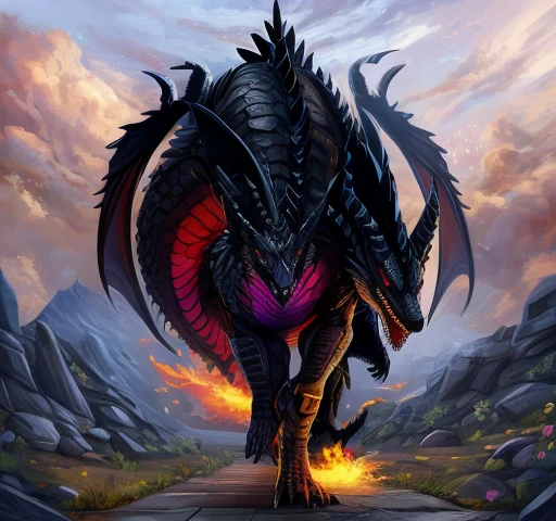 western black dragon,Huge body,Ferocious Fangs,sharp eye,Full body painting,Black Dragon,durable scale,Has an M16A1 rifle,There are gray scales on the stomach,Gray nails,quadrupedal walking,Armed with Ops Core Helmet