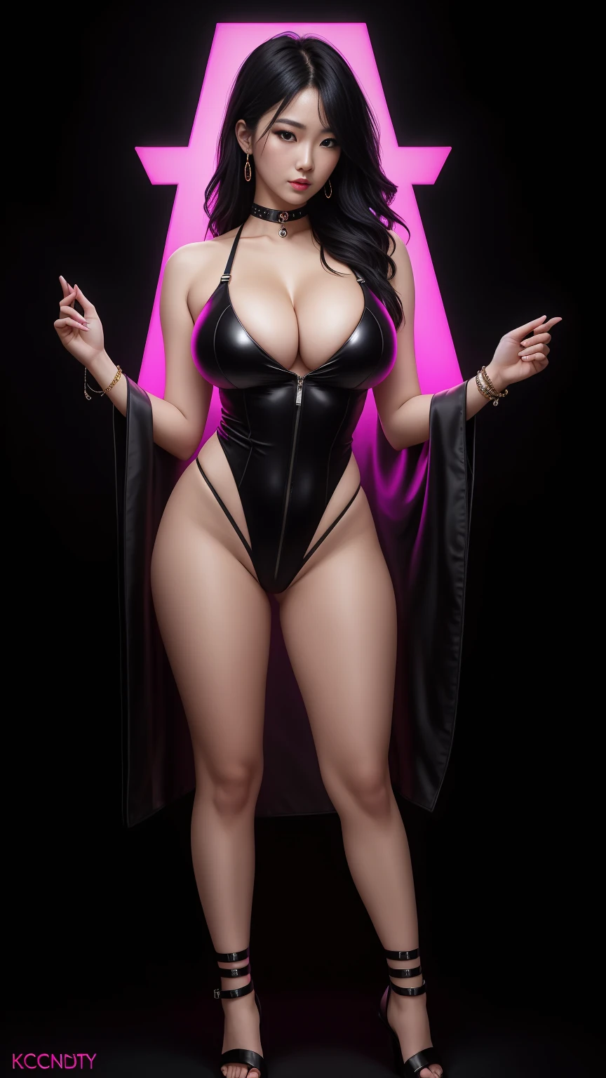 there is a Korean woman standing, 3 d neon art of a womans body, neon-noir background, cyberpunk femme fatale, seductive cyberpunk dark fantasy, cyberpunk strip clubs, cyberpunk 20 y. o model girl, oppai cyberpunk, banner, high definition cgsociety, cgsociety masterpiece, trending on cgstation, kda, random hair, looking at camera, gigantic breasts, cleavage, (high detailed skin:1.2), 8k uhd, dslr, super lighting, high quality, film grain, high res, highly detailed, hyper realistic, beautiful face, beautiful body, beautiful eyes nose lips, alluring expression, very bold, upper boobs visible, full body photo, standing legs apart, pale translucent glowing skin, most beautiful face, cute, (well defined pubic hair:1.2)), (dark plain black background:1.4))