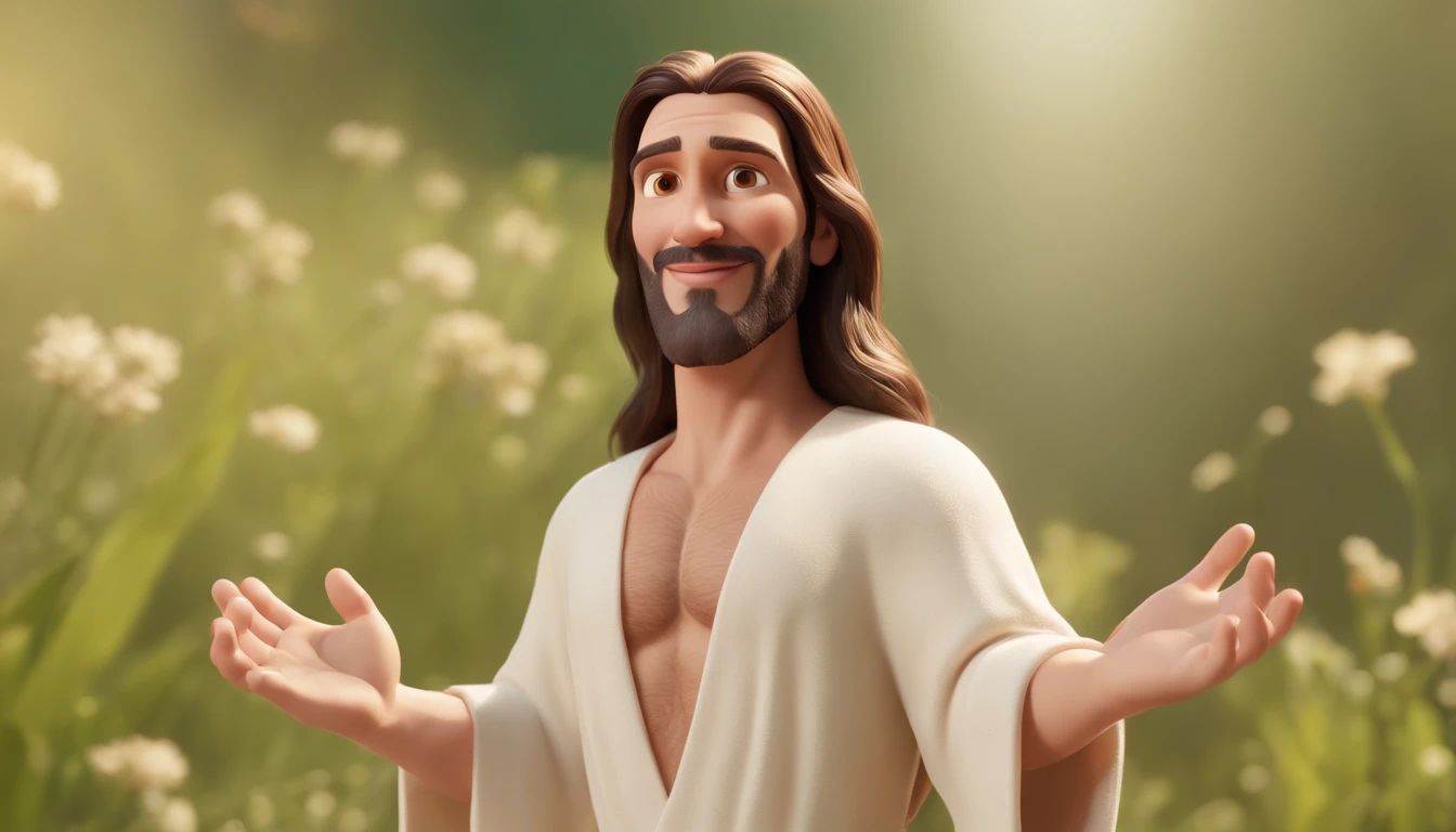 a cartoon of biblical "Generate a realistic depiction of Jesus in a garden with many people dress in white, com flores coloridas ao redor e luz suave iluminando seu rosto." high definition image, detalhamento alto e estilo fotorrealismo. Imagem com pelo menos 300 dpi, UHD 8k
in heaven, a very beautiful place in heaven, animated film, 3 d animated movie, animated still, animated movie, inspired by Johannes Helgeson, jesus wasted at a party, animation film, animated film still, rendered in corona, epic illumination, 3 d animated, 3d animated, he is greeting you warmly Caractere estilizado, animation style rendering, 3D estilizado, Arnold Maya render, 3 d render stylized, toon render keyshot, Personagem 3D, Personagem 3D, 3d rendering stylized, 3 d character render, personagem de desenho animado, Personagem de close up, Pose de personagem,  (Estilo Pixar) (master part:1.2) (Bokeh) (best quality) (pele detalhada) (textura detalhada) (8k) (argila) (Cinematic lighting) (foco nítido