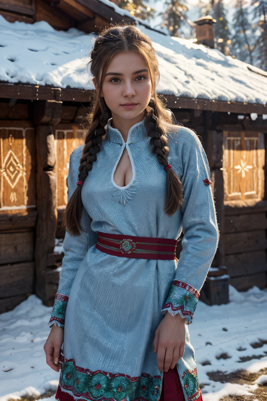 Young ukrainian standing woman, wearing ukrainian national woman costume, vishyvanka, hutsul costume, day time, mountain village, calm and frosty, detailed body, detailed face, oily body, gorgeous, ultra realistic, charming, cute, long braided hair, ambient lighting, foggy, winter, bokeh, detailed background, volumetric lighting, shadow, 8k