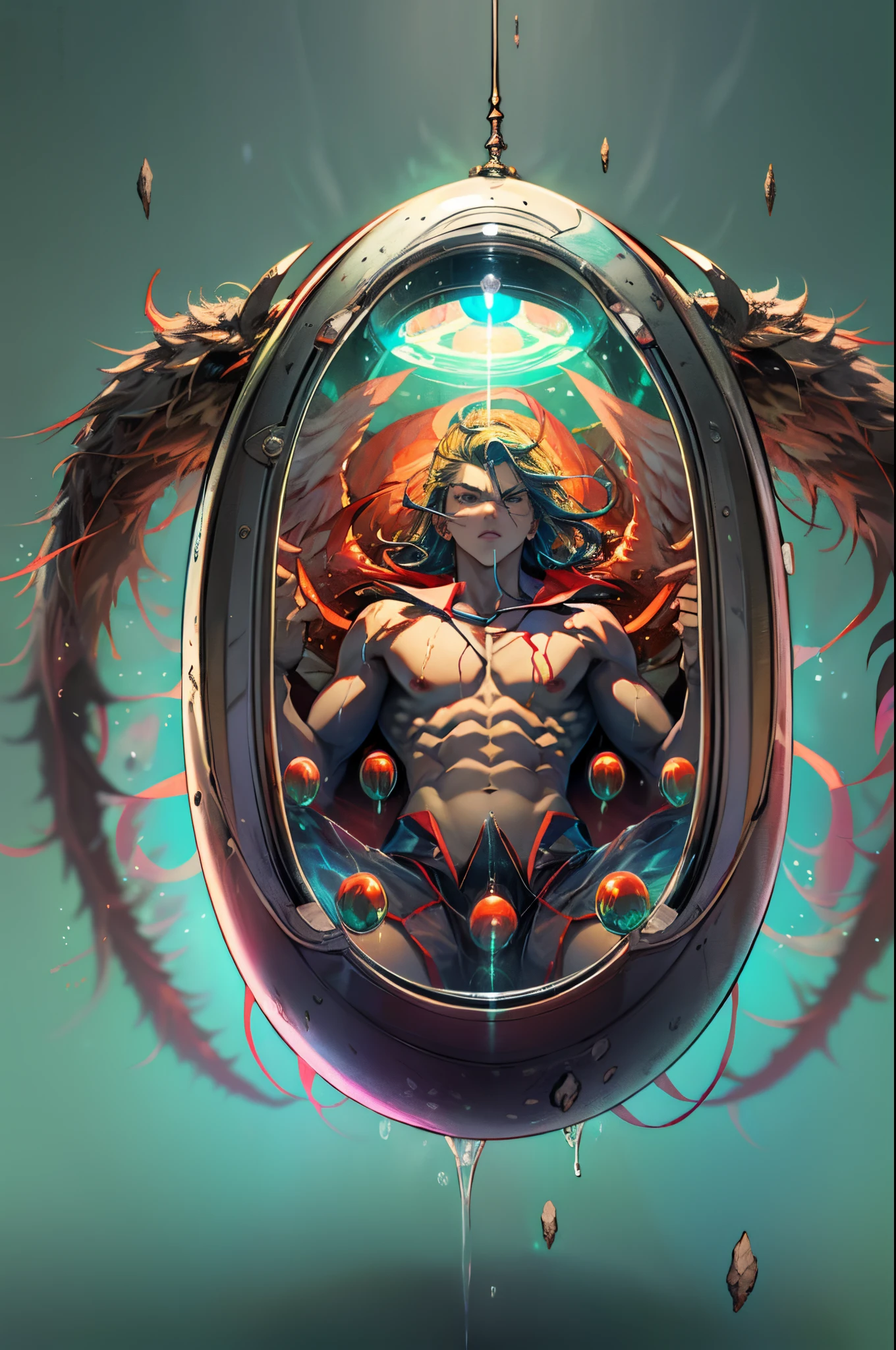 A futuristic embryonic capsule with (demons and angels inside),oils,realista,HDR,Altas Resoluciones,Ultra detallado,profesional,Studio lighting,physically based representation,vivid colors,Retratos,foco nítido,paleta colorida,soft warm lighting.nsfw. swimming trunks,ropa ajustada,poca ropa,sexy,pose sujerente