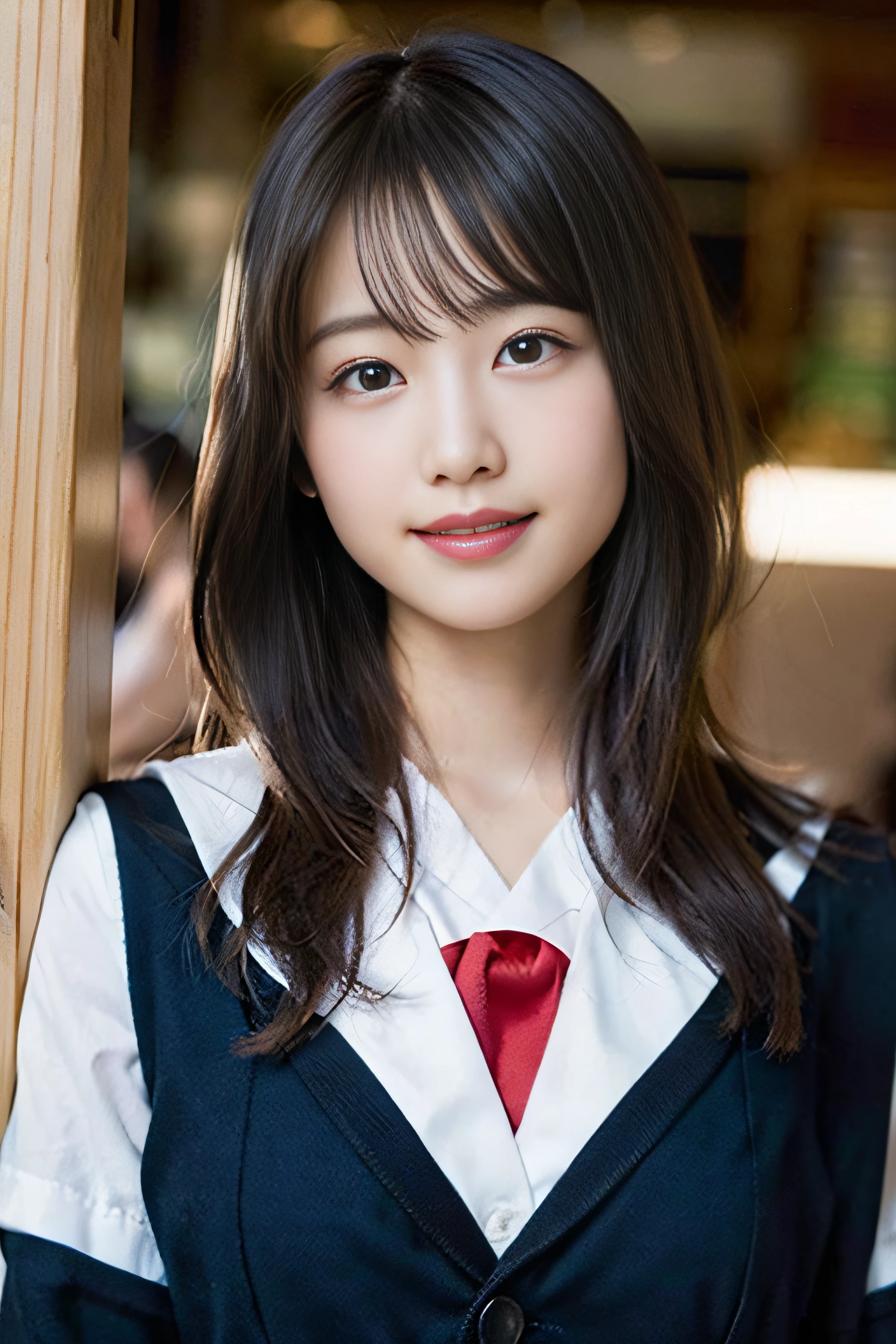 (school uniform:1.5), (Photorealistic:1.4), (Best quality:1.0), (Ultra-high resolution:1.0), 8K, RAW photo, (Masterpiece:0.2), Ultra-detailed, Close short, 1girll, Beautiful skin, Detailed skin, view the viewer, full bodyesbian, (Long hair:1), Smile, (Closed mouth:1)