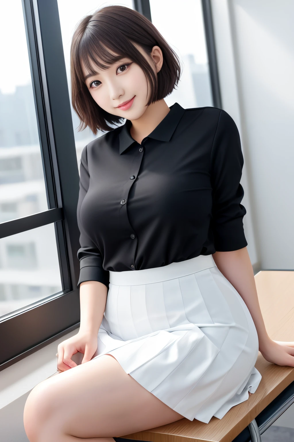 tmasterpiece,(actual), High detail CG unified 8K wallpaper, (Head office skin:1.2),8k ultra high definition, SLR camera, high high quality, ((1 plump girl, 25 age old, a skirt, ssmile, Sit near the classroom window, The figure is very thin,Medium and short hair, indoor)), 黑The eye, beautidful eyes, (dermis), Beautiful skins, Attractive, 超高分辨率, Surreal,k hd