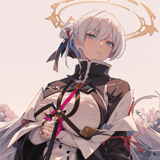 Anime girl with angel halo and sword in hand, (Portrait:1.8), ((huge-breasted、huge-breasted)), (gigantic breasts:1.2), best anime 4k konachan wallpaper, white haired god, Gapmoe Yandere, Fate Grand Order, gapmoe yandere grimdark, anime style like fate/Stay Night, portrait gapmoe yandere grimdark, yandere, yandere intricate, yandere. tall, demon anime girl)