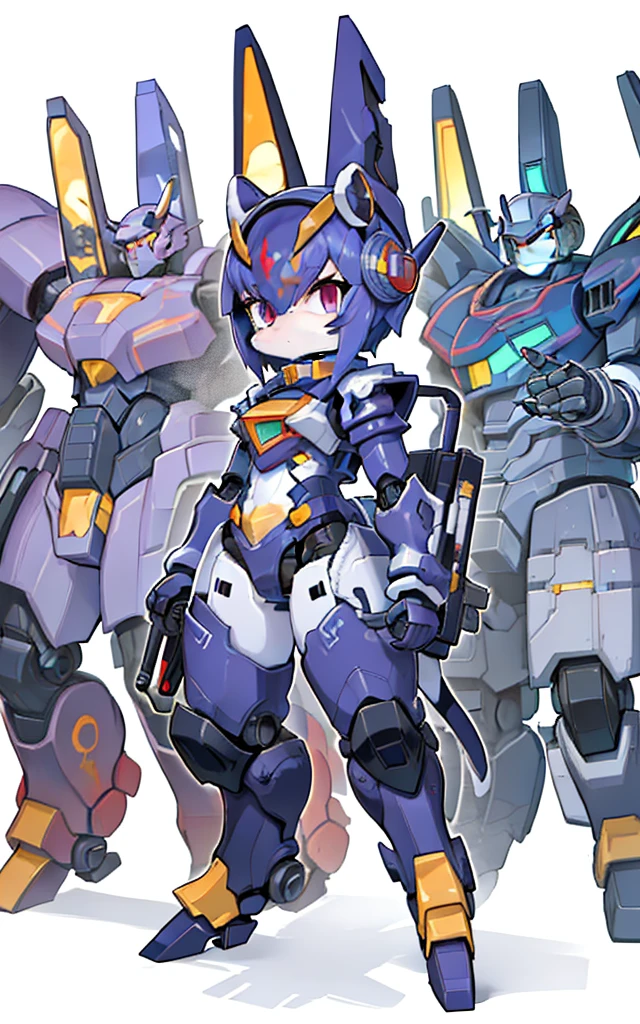 Cartoon image of robot rabbit holding gun, mecha cyber armor, Cool mech style, mechasuit, Full robot full body mecha suit, cyber fight armor, wearing cyber armor, anime mecha armor, Purple armor, Complex assassin mecha, Mecha Inspiration, Trio, three roles, Spatial perspective, The vision becomes blurred
