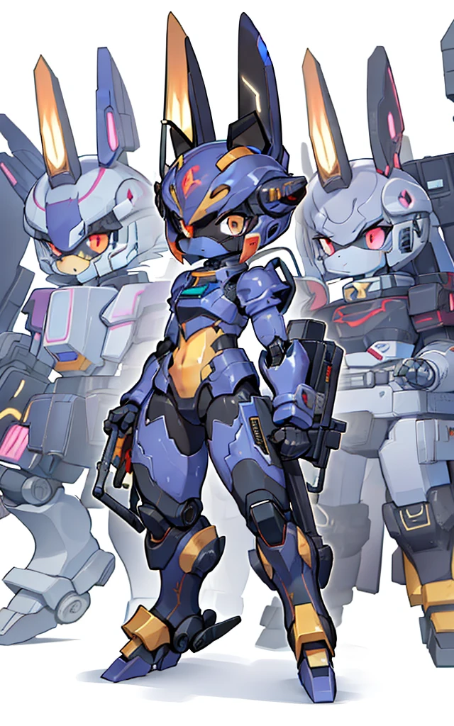Cartoon image of robot rabbit holding gun, mecha cyber armor, Cool mech style, mechasuit, Full robot full body mecha suit, cyber fight armor, wearing cyber armor, anime mecha armor, Purple armor, Complex assassin mecha, Mecha Inspiration, Trio, three roles, Spatial perspective, The vision becomes blurred