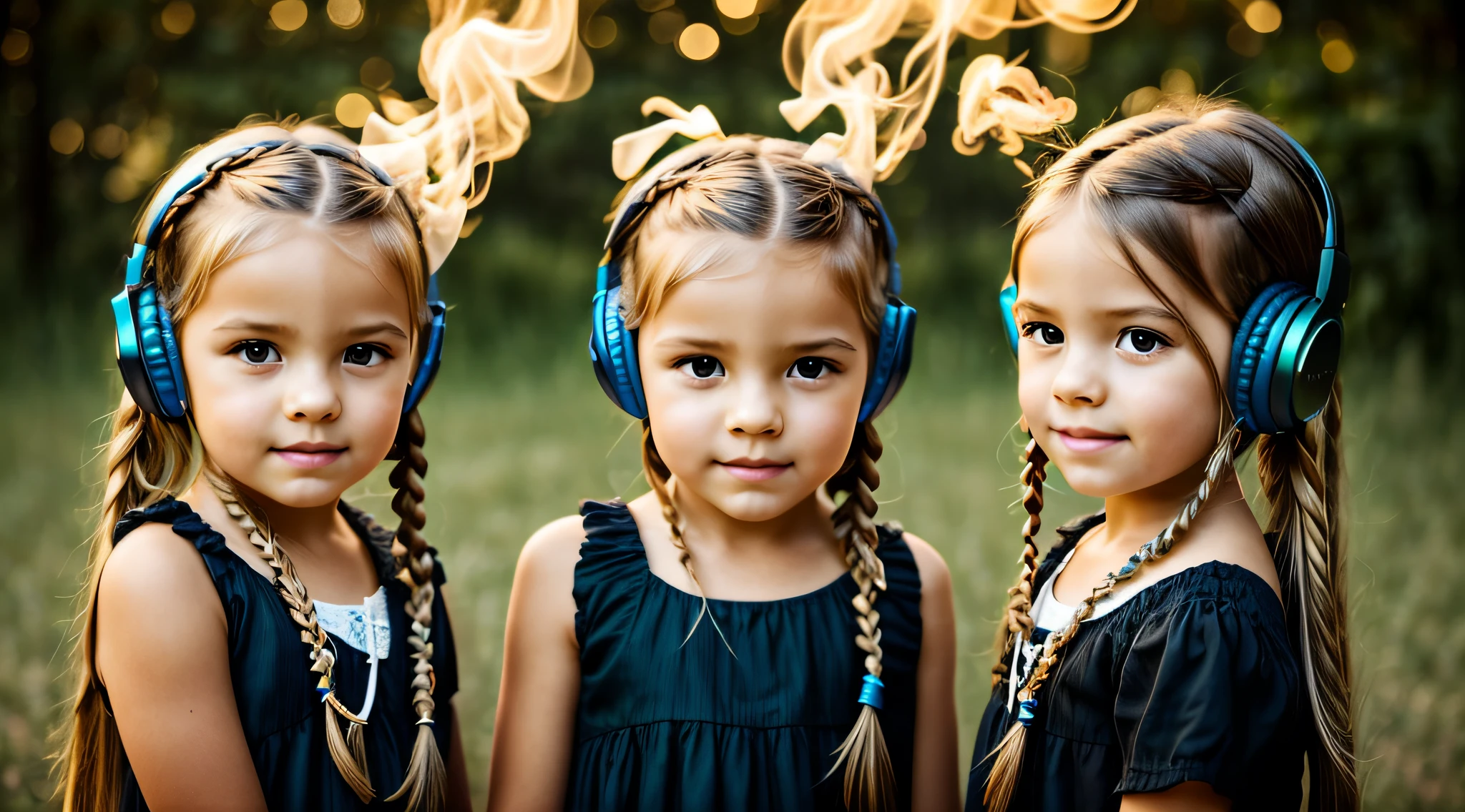 two KIDS BLONDE GOLD girls LONG HAIR BRAIDS with bows on their heads and one wearing a BLACK dress, HEADPHONES FIRE AND FIRE. GREEN smoke GREEN billowing, gemini twins portrait, faixa de cabelo AMARELO,