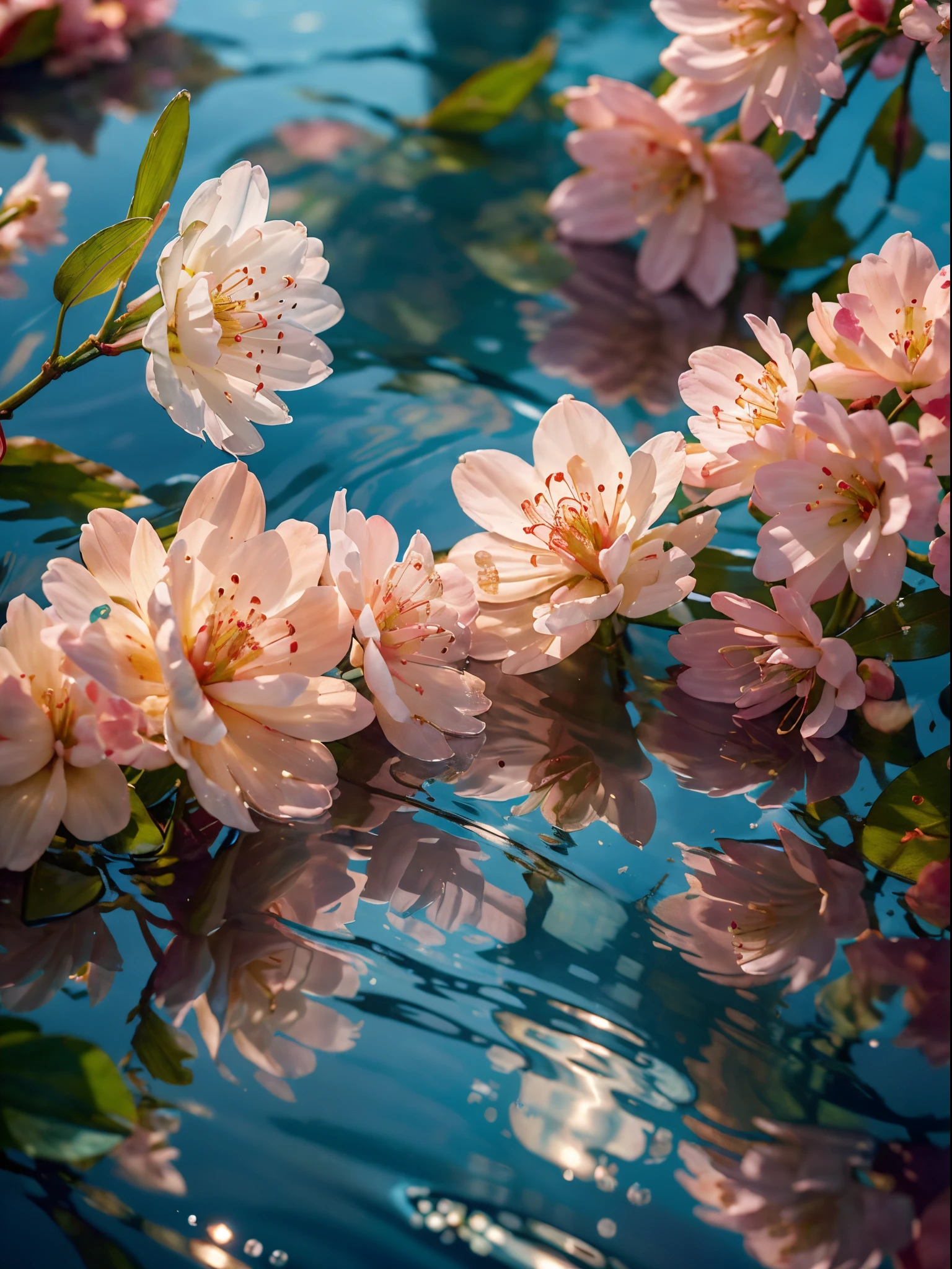 (super realistic scene), makeup bottle, cherry blossom background, water, ((taken low perspective angle: 1.5)), product rendering, HD 8K, ultra-detailed, luxury commercial photography, gucci and chanel cosmetic, ((no people, product only: 1.3))