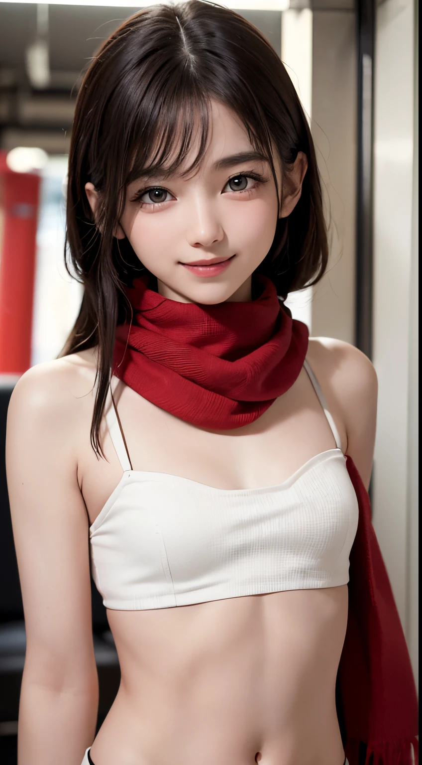 ((best quality, 8K, masterpiece)), ultra detailed, sharp focus, 1 cute girl, (((small breasts:1.2))), (slender abs:1.2), ((tube top:1.4)), ((red scarf)), highly detailed face and skin texture, ((detailed eyes)), ((beautiful eyes:1.2)), (smile:1.15)