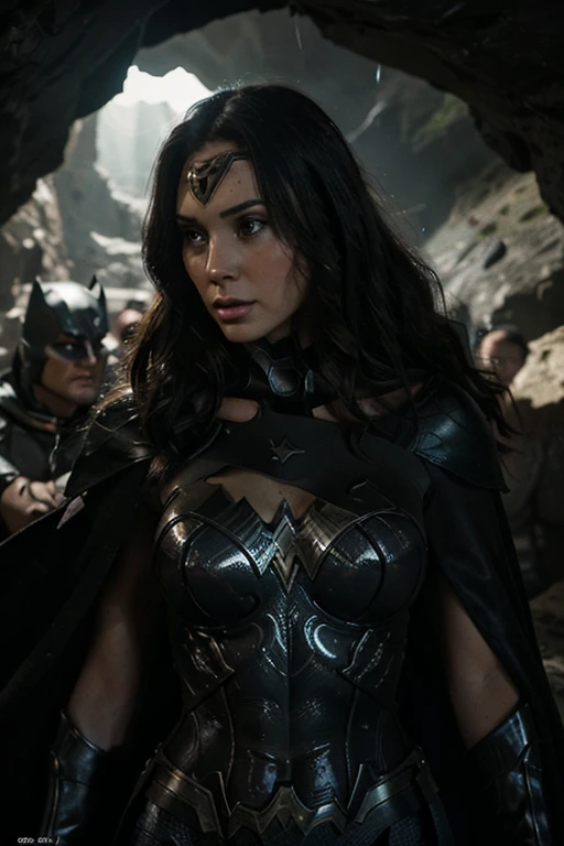 Create a high-quality digital image using artificial intelligence with advanced levels of detail, depicting an iconic scene where Batman and Wonder Woman emerge from the Batcave. Accurately capture the details of their costumes, facial expressions, and distinct postures. Pay special attention to dramatic lighting and shadow effects at the cave entrance, highlighting the mysterious and powerful atmosphere of the moment. Ensure that each element, from the equipment inside the Batcave to the surrounding landscape, is faithfully and richly detailed. Make sure the image conveys the grandeur and visual impact characteristic of this epic moment, providing an immersive and thrilling visual experience.