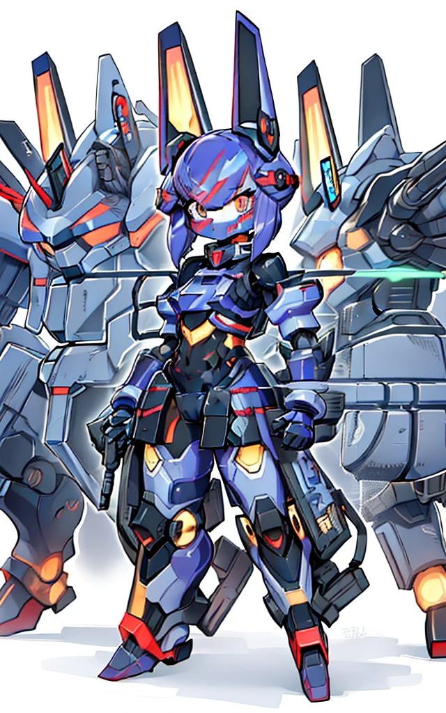 Cartoon image of robot rabbit holding gun, mecha cyber armor, Cool mech style, Mecha suit, Full robot full body mecha suit, cyber fight armor, wearing cyber armor, anime mecha armor, Purple armor, Complex assassin mecha, Mecha Inspiration, Trio, three roles, Spatial perspective, The vision becomes blurred