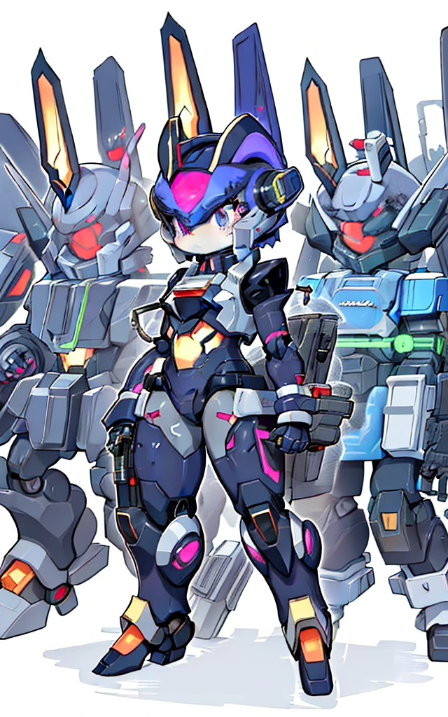 Cartoon image of robot rabbit holding gun, mecha cyber armor, Cool mech style, Mecha suit, Full robot full body mecha suit, cyber fight armor, wearing cyber armor, anime mecha armor, Purple armor, Complex assassin mecha, Mecha Inspiration, Trio, three roles, Spatial perspective, The vision becomes blurred