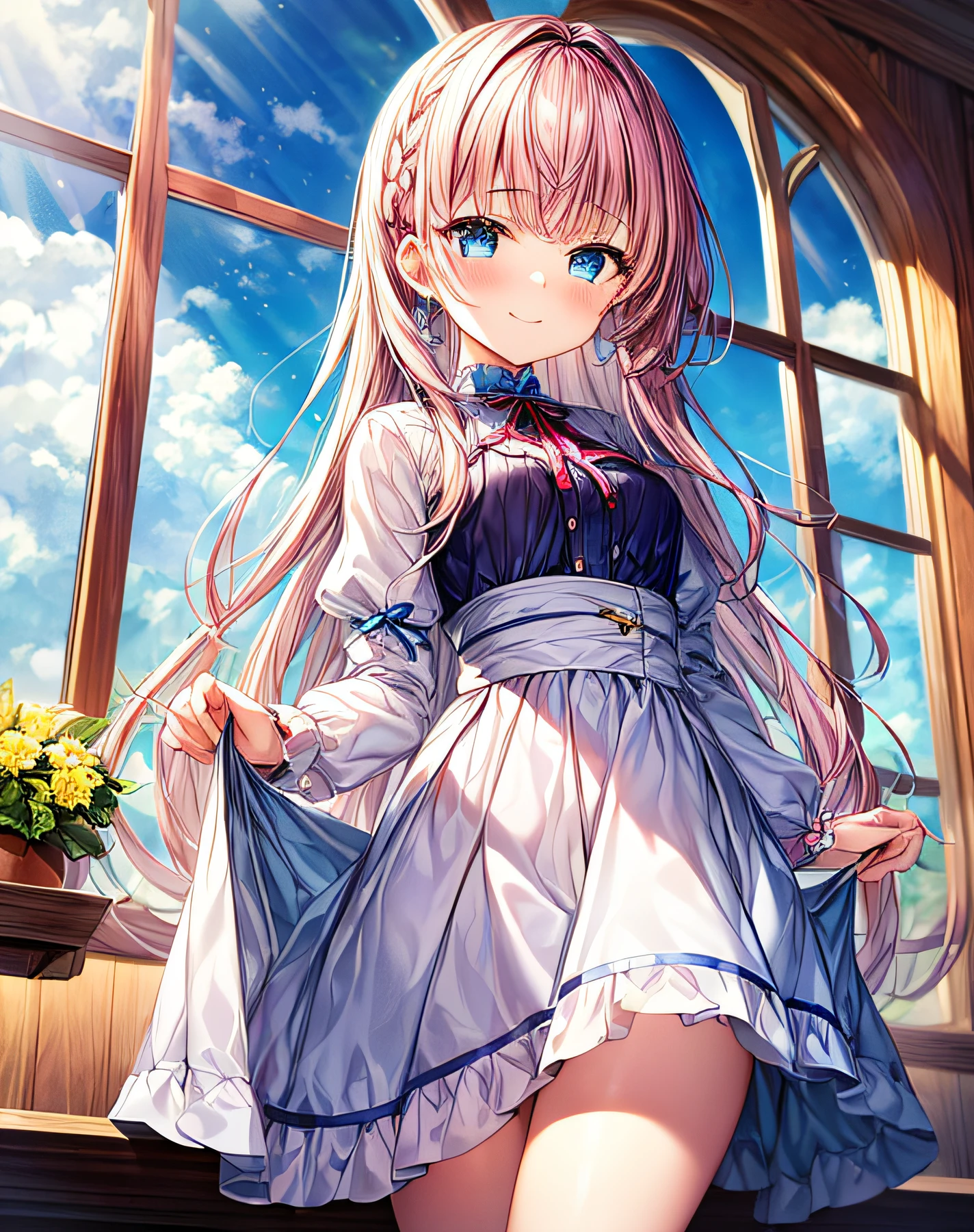 (​masterpiece、top-quality)、1girl in、length hair、Blunt bangs、A pink-haired、Happiness、Blue eyes、Ribbons in the hair、Half-sleeved、white_Skirt、Bare_Legs、blue-sky、academy、window、insight、cute  face、rays of sunshine、perspiring