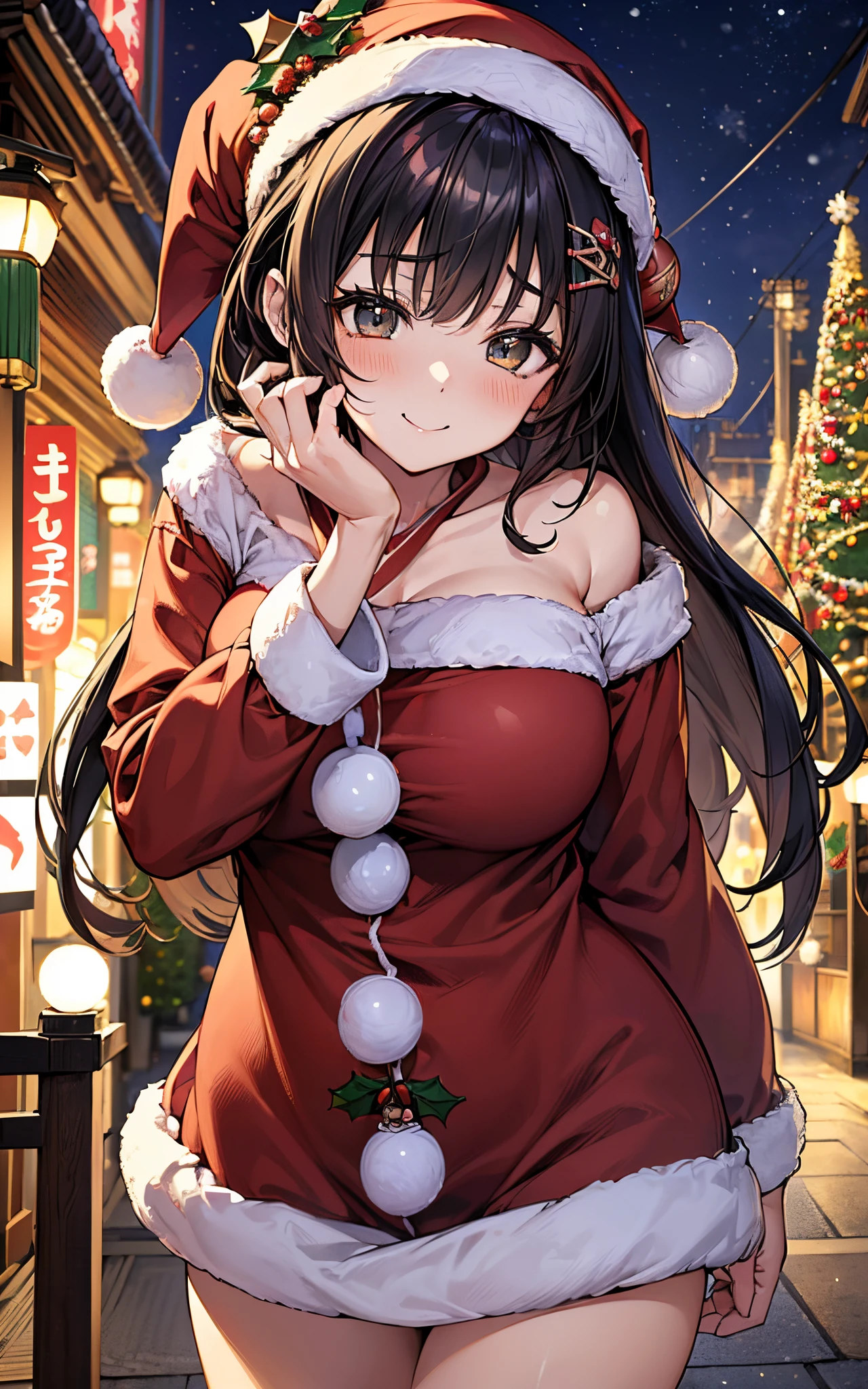 top-quality、 hight resolution、 super precision、 masterpiece、 8K、 (1人の女性)、 (((extra detailed face)))、 8 head body、
(Composition looking up from a low position)、(((Japanese townscape)))、 (((Christmas)))、Fateful meeting、((Crowds))、
lovely smile、plump eyes、 Eyes sparkle、 (((big light in my eyes)))、 Wet eyes、
Colorful、 Fine skin、 Breasts are big、(((warm santa costume))、 ((christmas hair ornament))、 ((Tying hair))、 kawaii、 Embarrassing、 Feels、 Refers to 5、