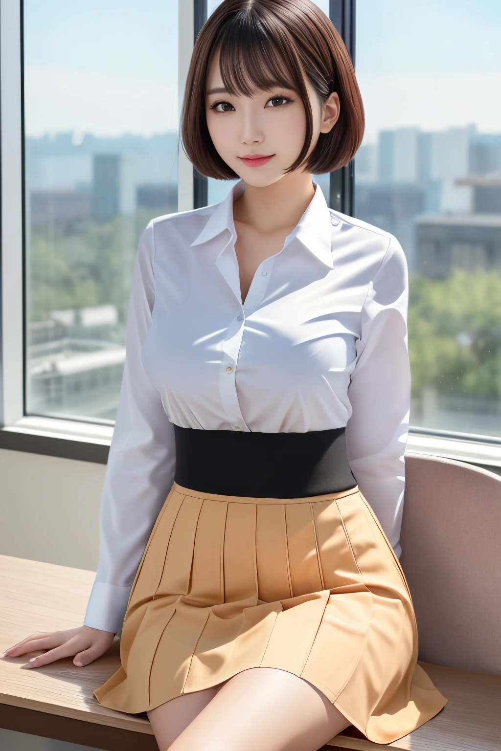 tmasterpiece,(actual), High detail CG unified 8K wallpaper, (Head office skin:1.2),8k ultra high definition, SLR camera, high high quality, ((1 plump girl, 25 age old, a skirt, ssmile, Sit near the classroom window, The figure is very thin,Medium and short hair, indoor)), 黑The eye, beautidful eyes, (dermis), Beautiful skins, Attractive, 超高分辨率, Surreal,k hd