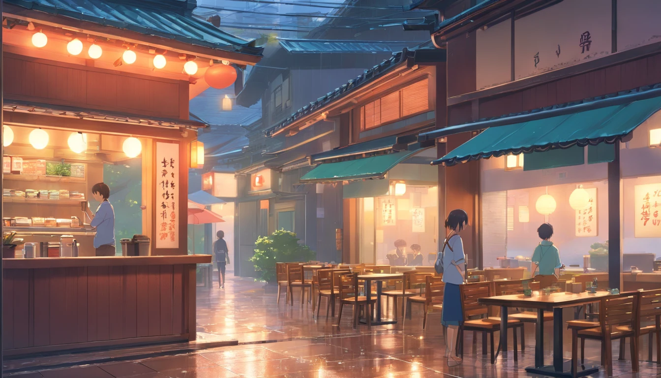 there is a table with a cup of coffee on it, dreamy chinese town, rainy afternoon, rainy day outside, rainy scene, inside on a rainy day, quiet and serene atmosphere, rainy outside, beautiful oil matte painting, raining outside the cafe, hyperrealistic matte painting, 4 k oil painting, raining outside, cozy and peaceful atmosphere, atmospheric fantasy setting, japanese style