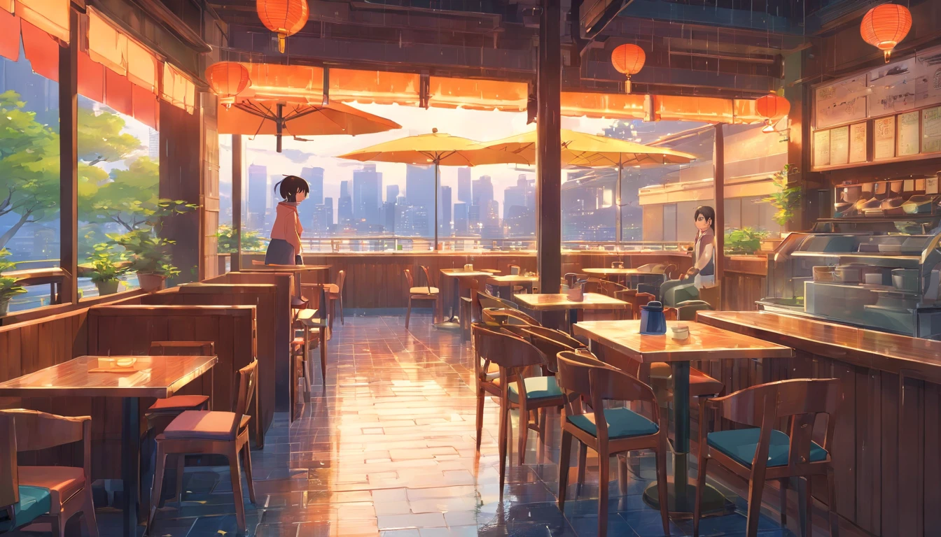 there is a table with a cup of coffee on it, dreamy chinese town, rainy afternoon, rainy day outside, rainy scene, inside on a rainy day, quiet and serene atmosphere, rainy outside, beautiful oil matte painting, raining outside the cafe, hyperrealistic matte painting, 4 k oil painting, raining outside, cozy and peaceful atmosphere, atmospheric fantasy setting, japanese style