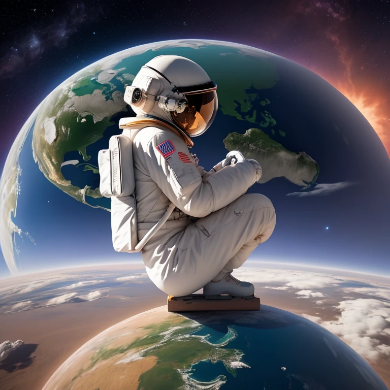 Create an image of an astronaut in profile observing the Earth on the right