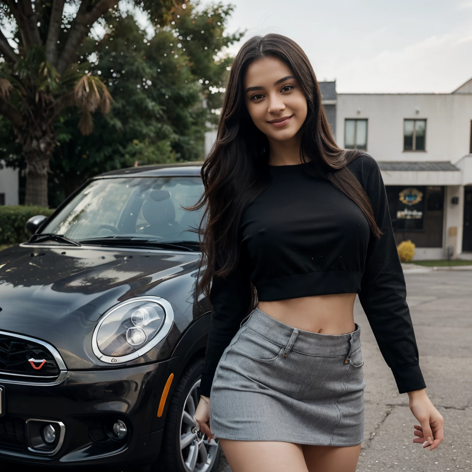 One woman of about 20 years old, black long hair, body measurement 36-25-36, height 5'7", medium breasts, Hazel eyes, wearing colorful shirt and mini skirt, car behind her, smiling, Full Body full height Shooting, Masterpiece, mobile Photography, daylight, 8k, Top Quality, Fine Pore, Photorealistic, Ultra Detailed, (high skin detail:1.2),Extremely detailed,Intricate, sharp-focus