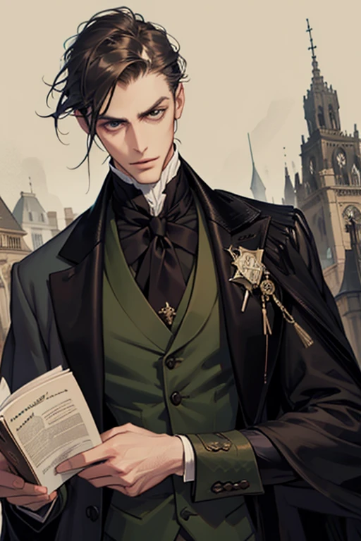 A young slender, tall man with a monocle, dressed in an old and fancy vest and coat. He is giving a gloomy and sick look, with a thick and luxuriously decorated book in his hands