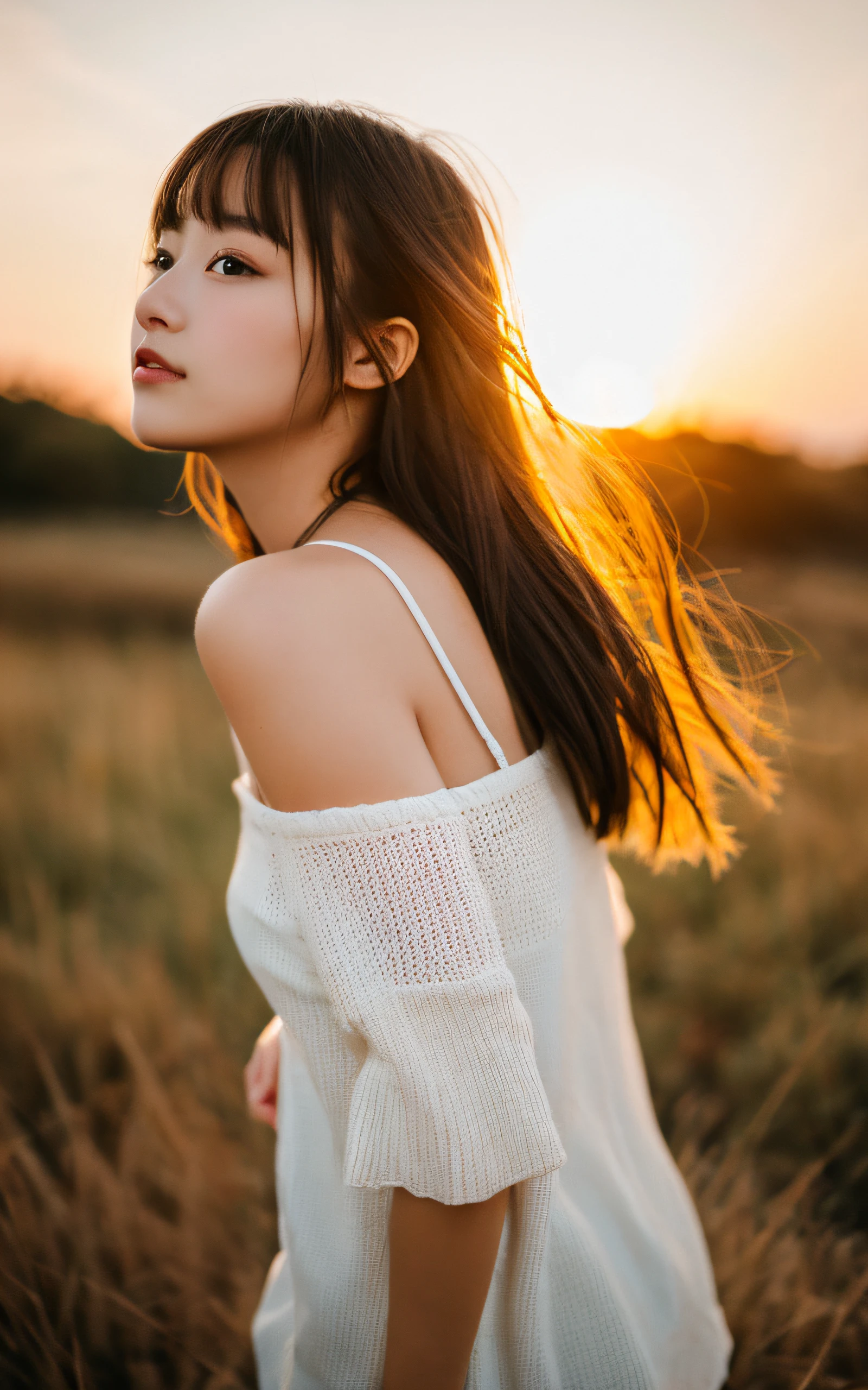 masutepiece, Best Quality, 8K, 1 girl, Located on a hill with a beautiful sunset sky, yo, medium breasts, Open your mouth and say something, cute little, Solo, sad, Autumn costume, Cute, Girly, Delicate girl, Neat and clean beauty, Raw photo, Professional Photography, Portrait, Soft light, Professional Lighting, Back lighting, Upper body, look forward to your eyes, Sophisticated, Film grain, (Eyes and faces with detailed:1.0), Short hair swaying in the wind, beautiful flowing brown hair,