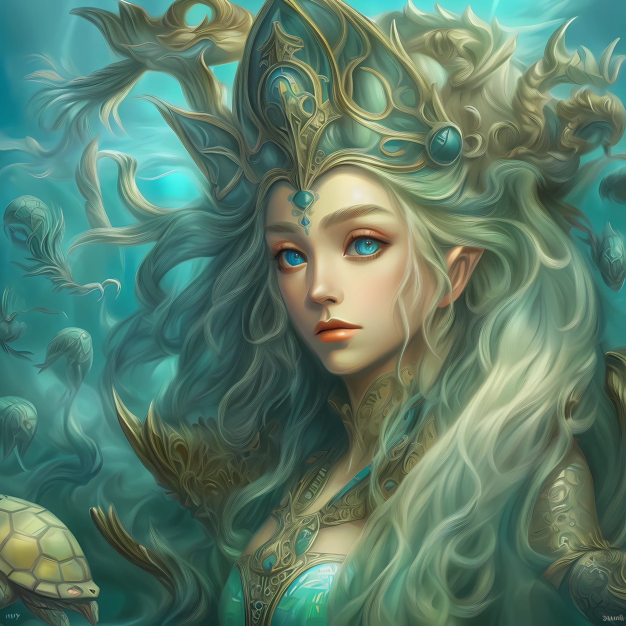 fantasy art [[undersea art 1.6]] (masterpiece:1.5), highly detailed, best quality, highres, [undersea] castle underwater(1.6 best details, fantasy art, Masterpiece, best quality) [[undersea scene]] female, elf  [anatomically  best detailed] (fantasy art, Masterpiece, best quality: 1.4), ultra feminine, druid, cleric of sea, (intricate details, fantasy art, Masterpiece, best quality: 1.4) with a long curvy hair, light green hair, blue eyes, (fantasy art, Masterpiece, best quality), ((beautiful delicate face)), Ultra Detailed Face (1.6 intricate details, fantasy art, Masterpiece, best quality), an undersea setting background, an epic turtle (intricate details, fantasy art, Masterpiece, best quality: 1.5)  fantasy sea, underwater light, [[natural sea life elements]], sun rays,  dynamic atmosphere, soft light, dynamic light, high details, best quality, 8k, [ultra detailed], masterpiece, best quality, (extremely detailed), dynamic angle