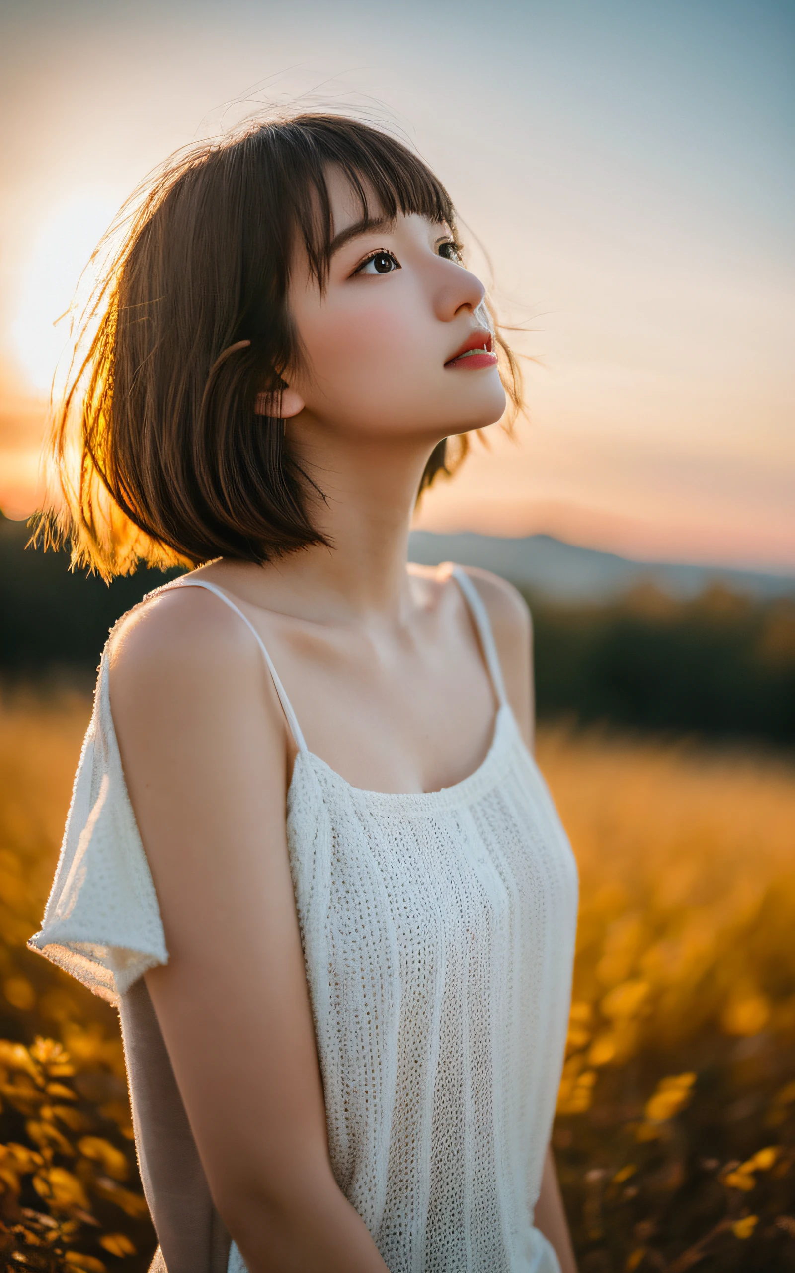 masutepiece, Best Quality, 8K, 1 girl, Located on a hill with a beautiful sunset sky, 16 yo, medium breasts, Open your mouth and say something, cute little, Solo, sad, Autumn costume, Cute, Girly, Delicate girl, Neat and clean beauty, Raw photo, Professional Photography, Portrait, Soft light, Professional Lighting, Back lighting, Upper body, look forward to your eyes, Sophisticated, Film grain, (Eyes and faces with detailed:1.0), Short hair swaying in the wind, beautiful flowing brown hair,