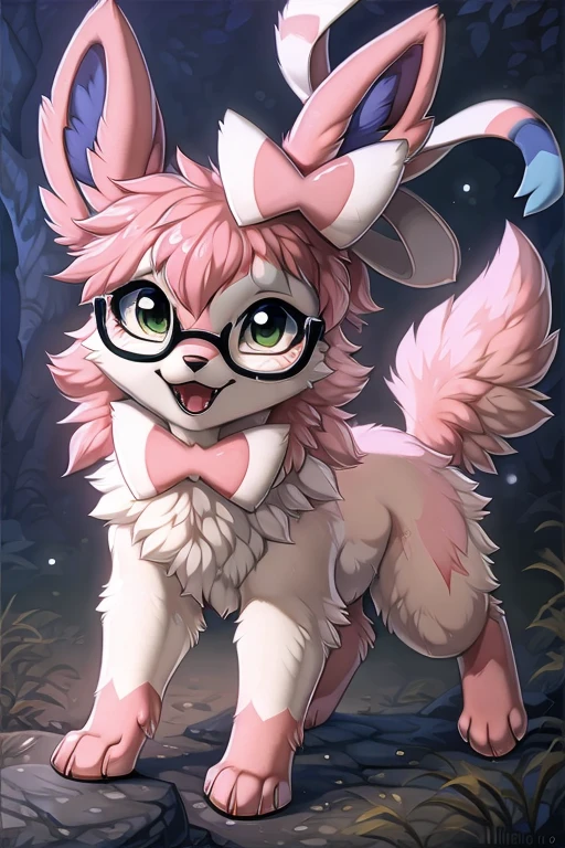 [by Hioshiru],furry, Feral, Pokemon, Long fluffy hair, glasses, Sylveon with white and pink fur, glasses, Green eyes, Happy, canine paws, paws for hands, short height, shortstack, crawling, heavy,spiked black collar, walkies, perk,scar tissue on front right leg