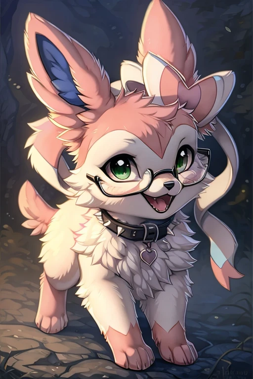 [by Hioshiru],furry, Feral, Pokemon, Long fluffy hair, glasses, Sylveon with white and pink fur, glasses, Green eyes, Happy, canine paws, paws for hands, short height, shortstack, crawling, heavy,spiked black collar, walkies, perk,scar tissue on front right leg