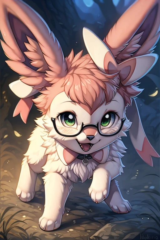 [by Hioshiru],furry, Feral, Pokemon, Long fluffy hair, glasses, Sylveon with white and pink fur, glasses, Green eyes, Happy, canine paws, paws for hands, short height, shortstack, crawling, heavy,spiked black collar, walkies, perk,scar tissue on front right leg