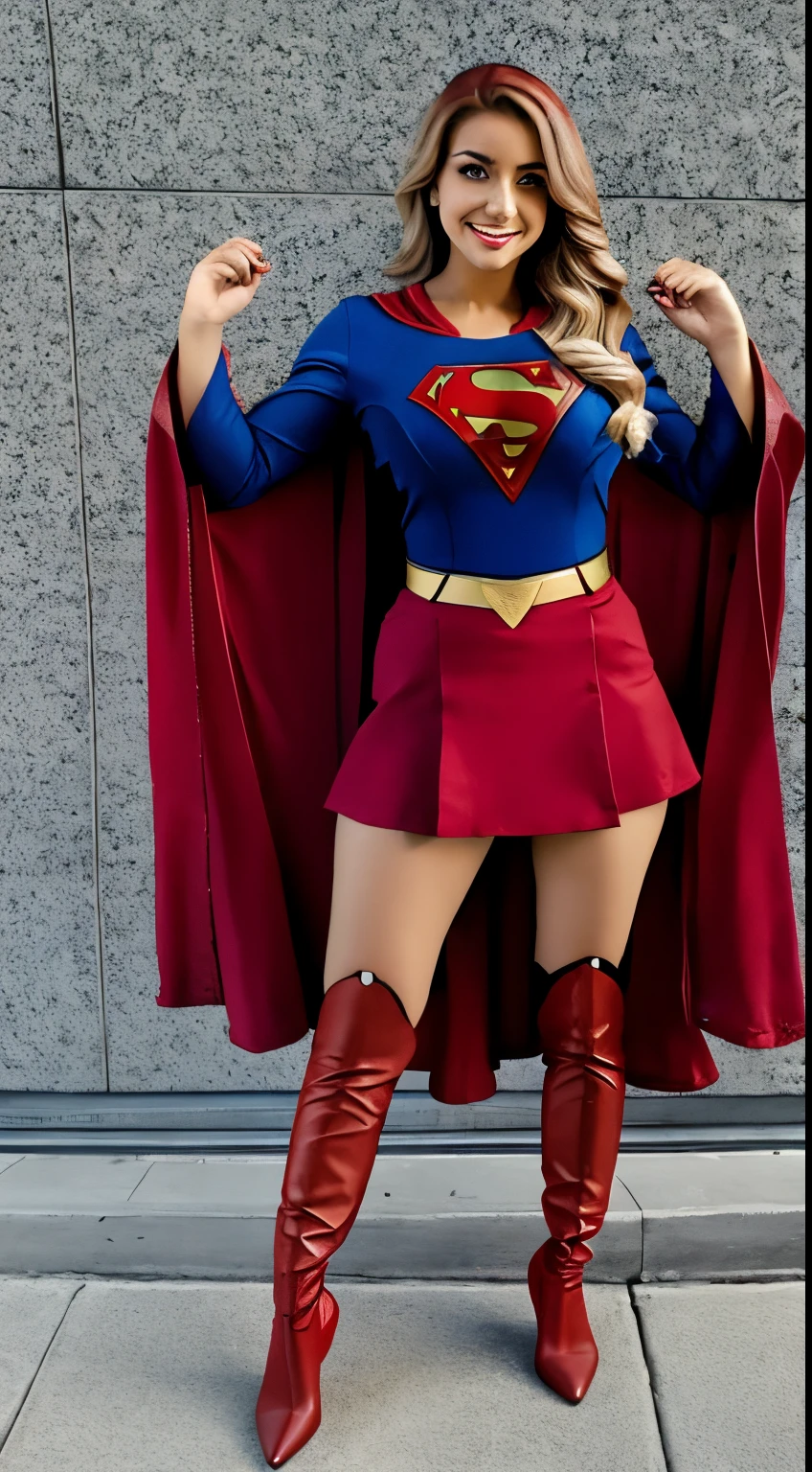 estilo anime, personagem DC comics, Mulher blonde jovem smile loira, cabelos longos loiros, olhos azuis, pele clara, bochechas ruborizadas, corpo magro, Delgado, blue long-sleeved blouse with the iconic Superman symbol on the chest, saia curta vermelha, calcinha vermelha, coxas aparecendo, red knee-high boots, ela usa longa capa vermelha. She&#39;s flying through the clouds with pigeons by her side, beneath your great metropolis