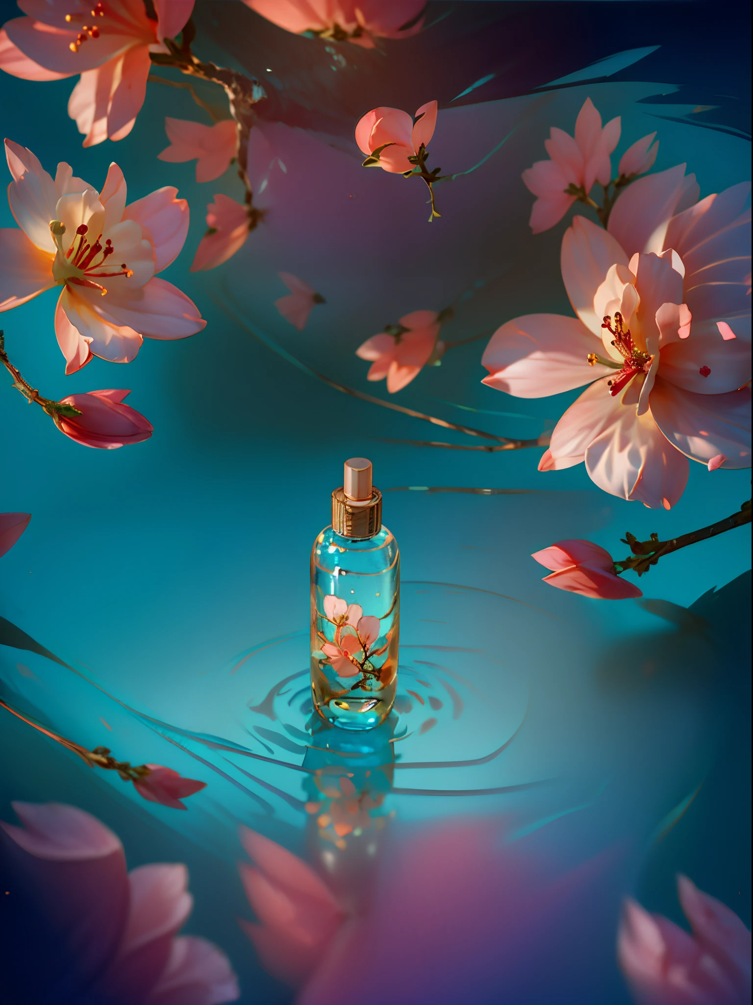 (super realistic scene), makeup bottle, cherry blossom background, water, ((taken low perspective angle: 1.5)), product rendering, HD 8K, ultra-detailed, luxury commercial photography, gucci and chanel cosmetic, ((no people, product only: 1.3))