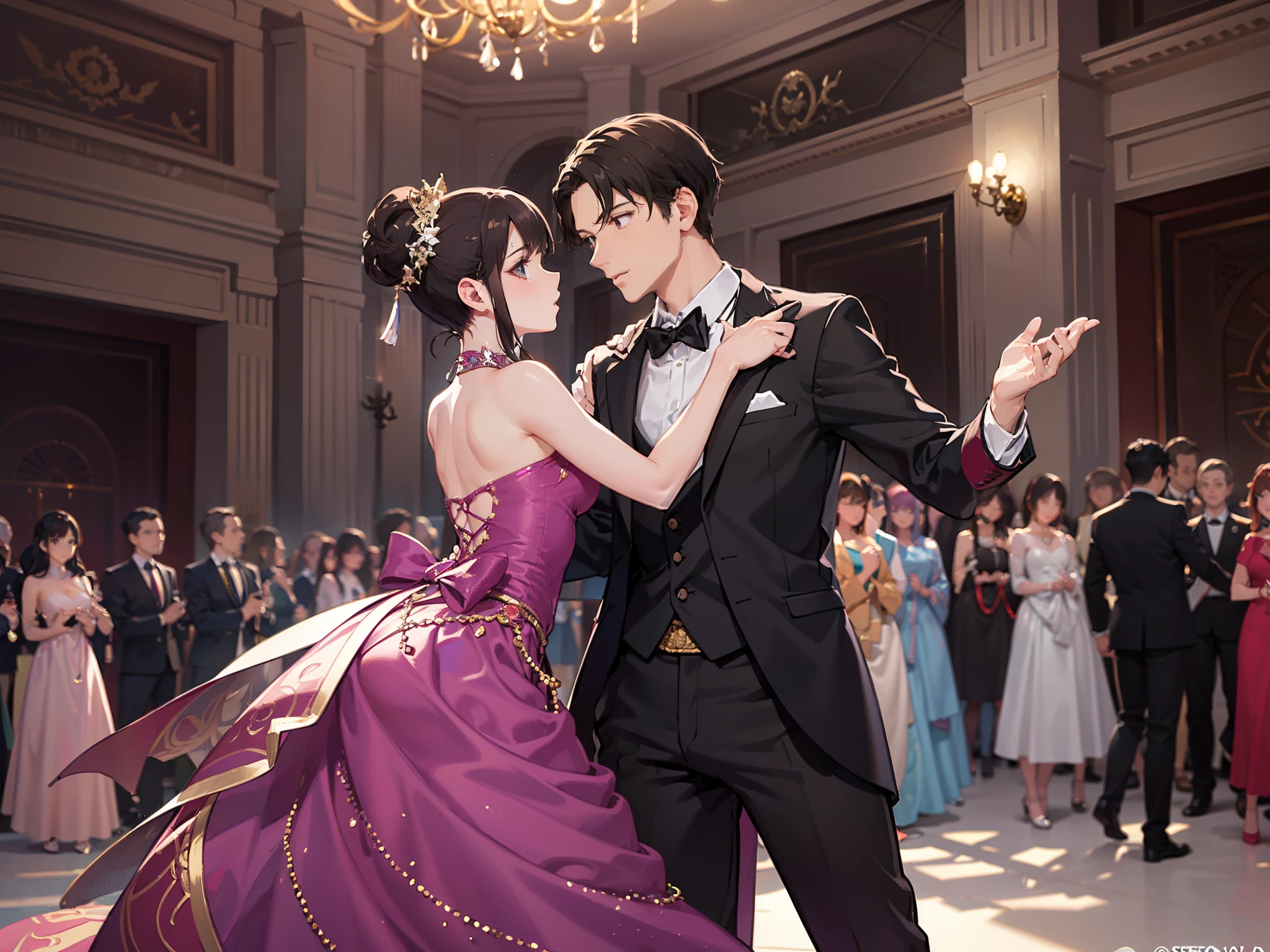 An elegant ballroom with people dancing in the center. Cada individuo viste trajes coloridos y detallados, creando una escena vibrante y festiva. The composition should reflect the joy of the dance and the diversity of the outfits. Ensures exceptional image quality to capture all the details of the costumes and animated atmosphere. --auto --s2