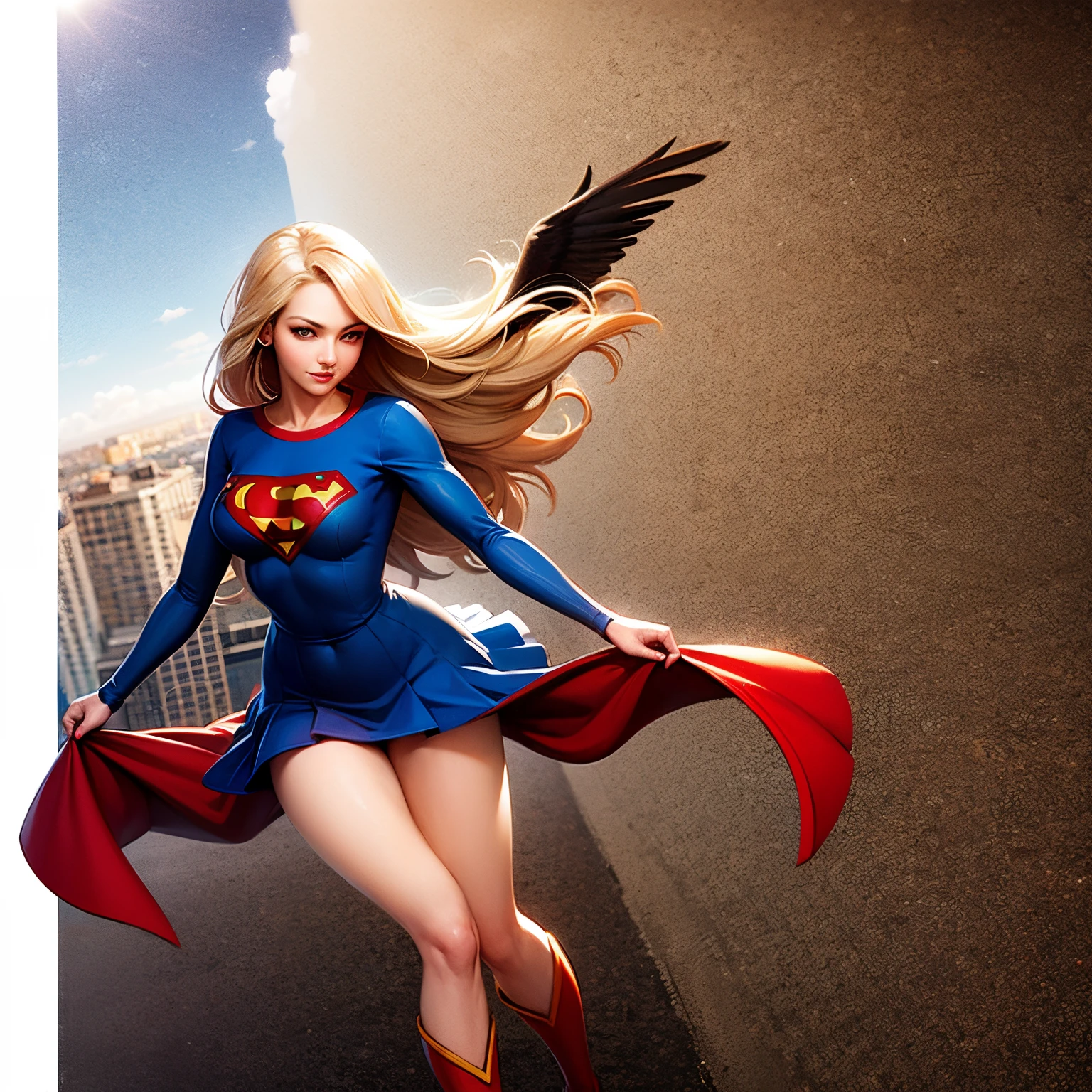 estilo anime, personagem DC comics, Mulher blonde jovem smile loira, cabelos longos loiros, olhos azuis, pele clara, bochechas ruborizadas, corpo magro, Delgado, blue long-sleeved blouse with the iconic Superman symbol on the chest, saia curta vermelha, calcinha vermelha, coxas aparecendo, red knee-high boots, ela usa longa capa vermelha. She&#39;s flying through the clouds with pigeons by her side, beneath your great metropolis