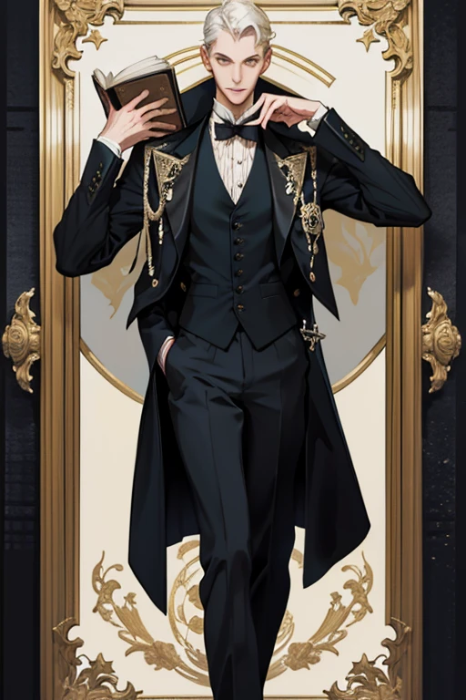 A young slender, tall man with a monocle, dressed in an old and fancy vest and coat. He is giving a gloomy and sick look, with a thick and luxuriously decorated book in his hands